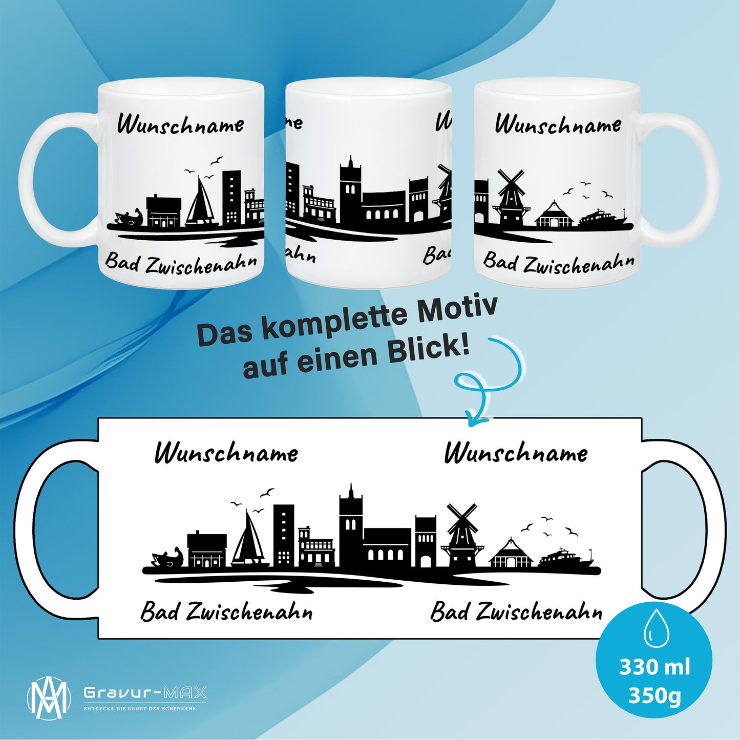 Tasse in Weiß 330ml bedruckt mit der Skyline von Bad Zwischenahn personalisierbar mit Wunschname