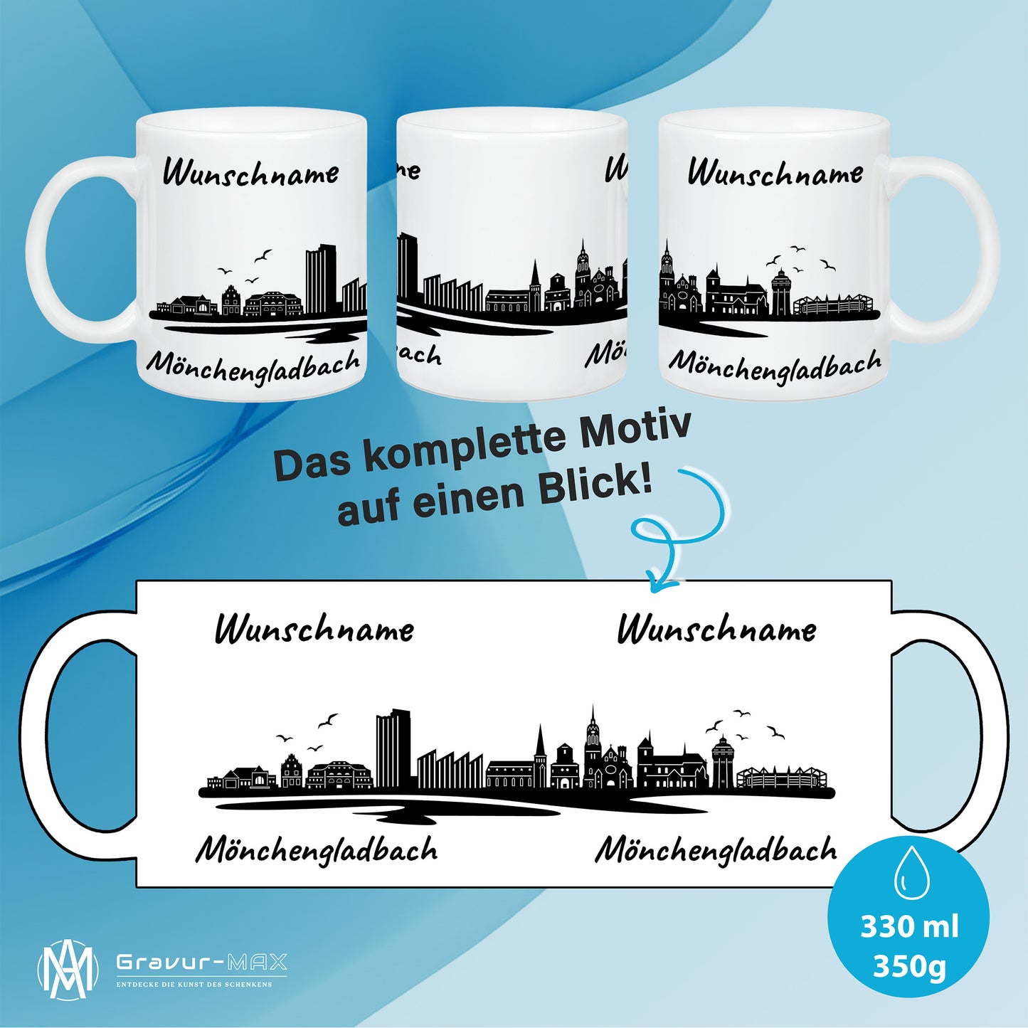 Tasse in Weiß 330ml bedruckt mit der Skyline von Mönchengladbach personalisierbar mit Wunschname