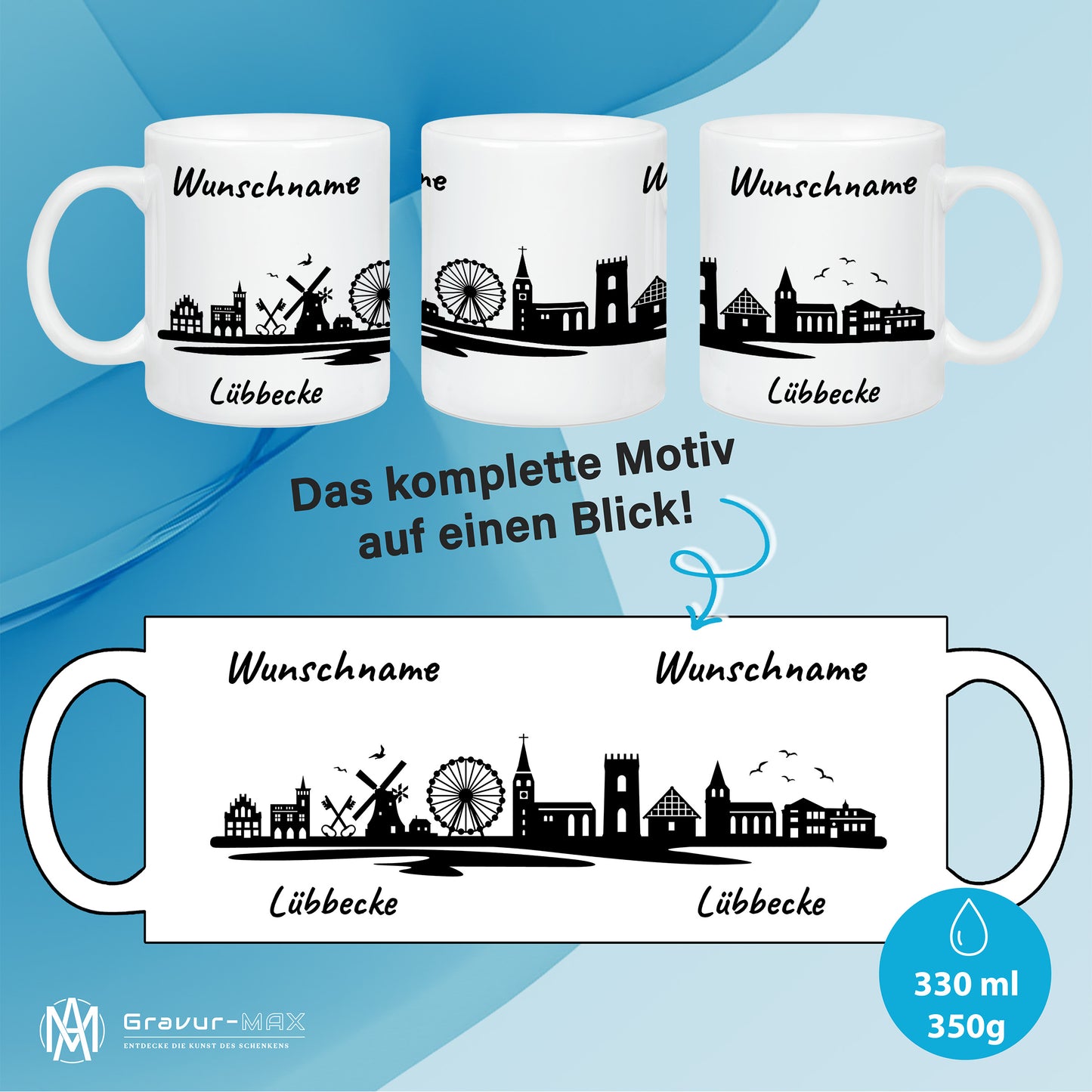 Tasse in Weiß 330ml bedruckt mit der Skyline von Lübbecke personalisierbar mit Wunschname