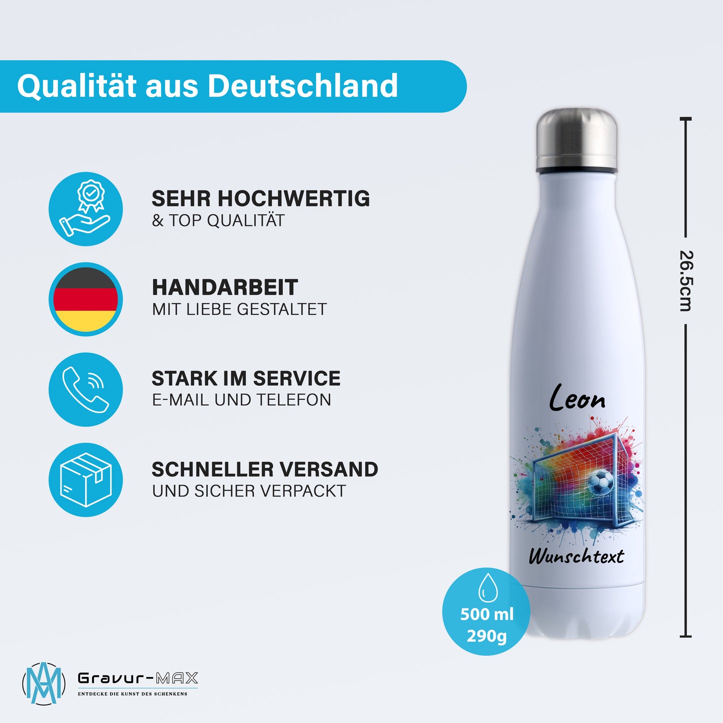 Thermoflasche 500ml in Weiß aus Edelstahl bedruckt "Fußball" Motiv5 personalisierbar mit Wunschname & Text
