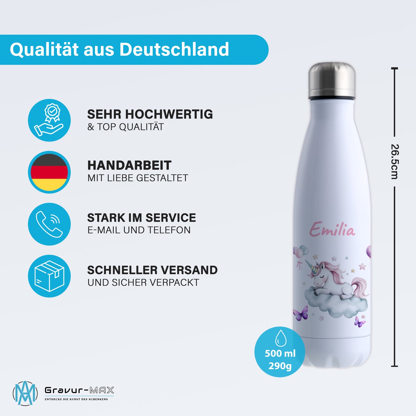 Thermoflasche 500ml in Weiß bedruckt mit tollen Motiven für Kinder "Einhorn Wolke" personalisierbar mit Wunschname