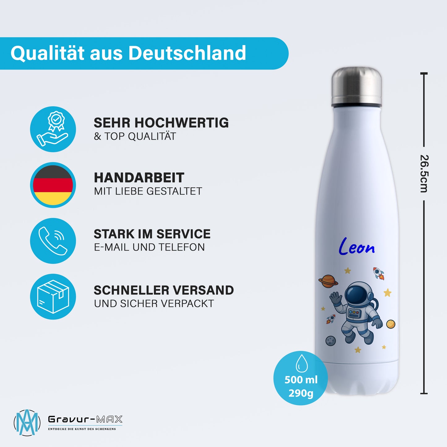 Thermoflasche 500ml in Weiß bedruckt mit tollen Motiven für Kinder "Astronaut" personalisierbar mit Wunschname