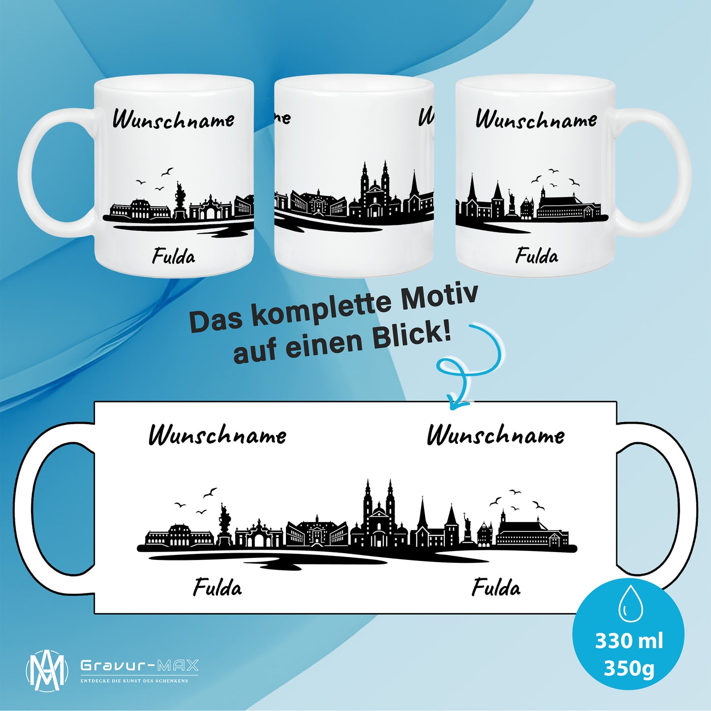Tasse in Weiß 330ml bedruckt mit der Skyline von Fulda personalisierbar mit Wunschname
