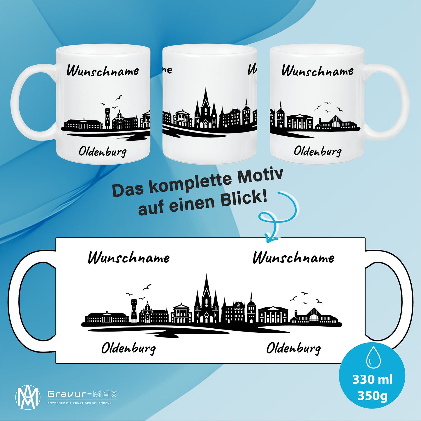 Tasse in Weiß 330ml bedruckt mit der Skyline von Oldenburg personalisierbar mit Wunschname