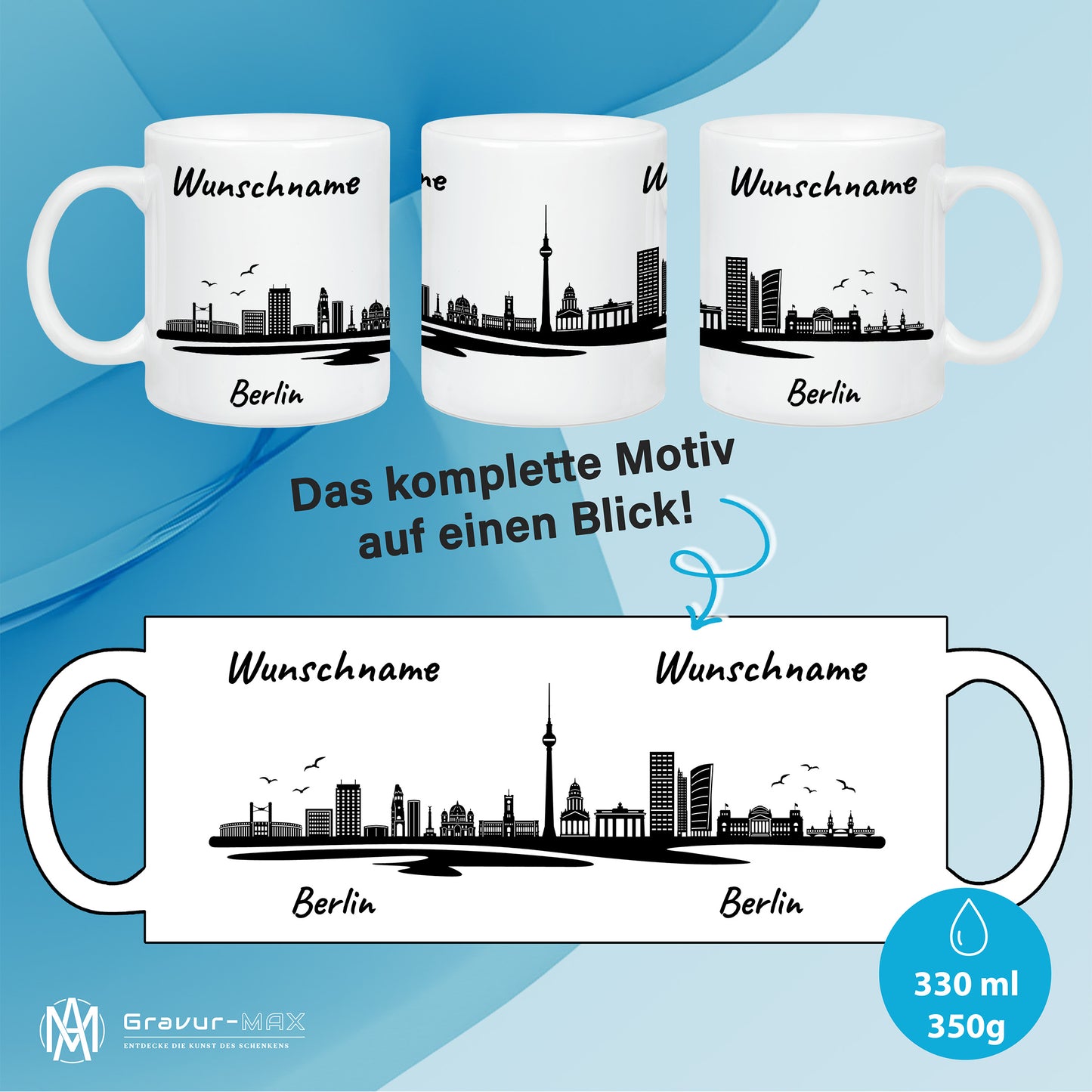 Tasse in Weiß 330ml bedruckt mit der Skyline von Berlin personalisierbar mit Wunschname