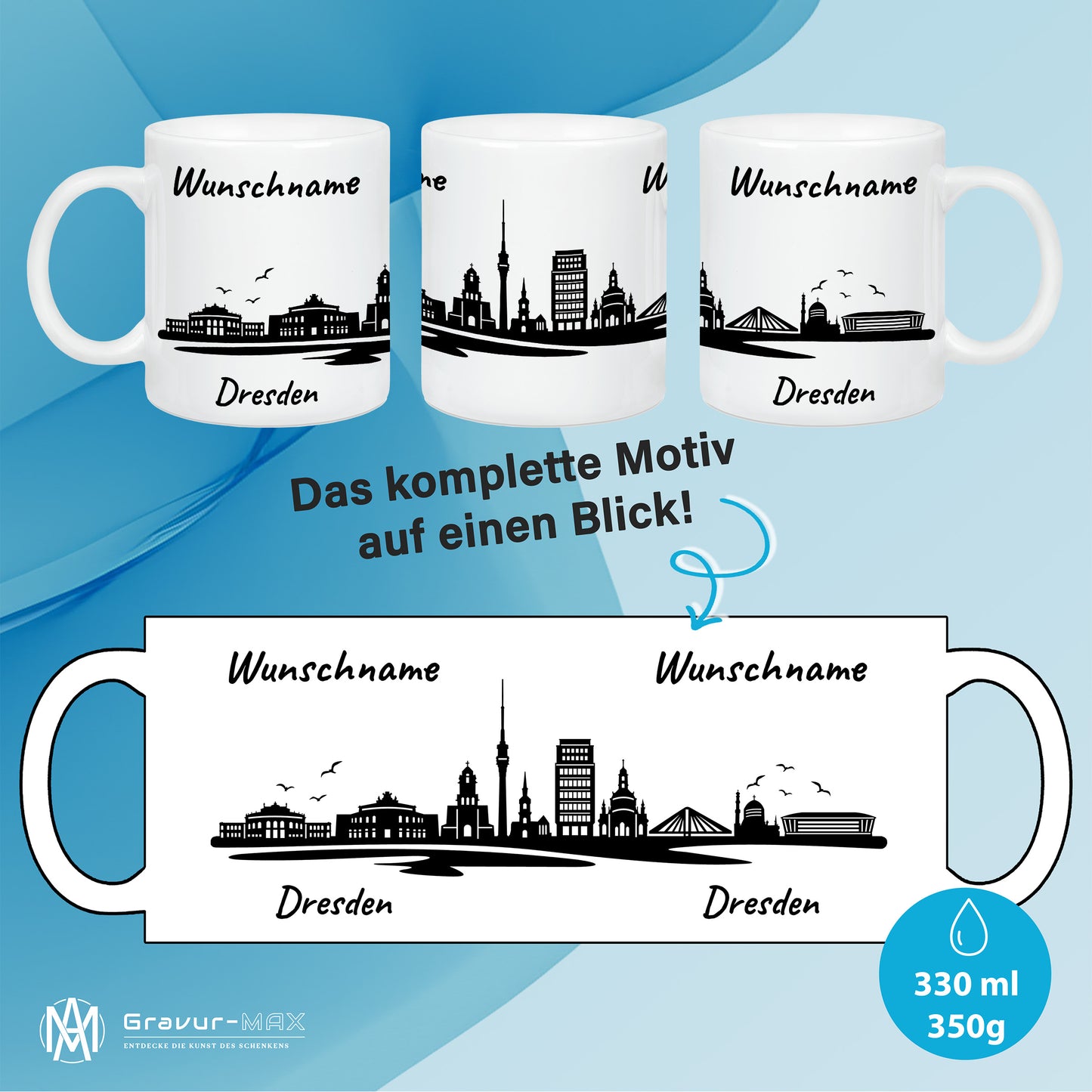 Tasse in Weiß 330ml bedruckt mit der Skyline von Dresden personalisierbar mit Wunschname