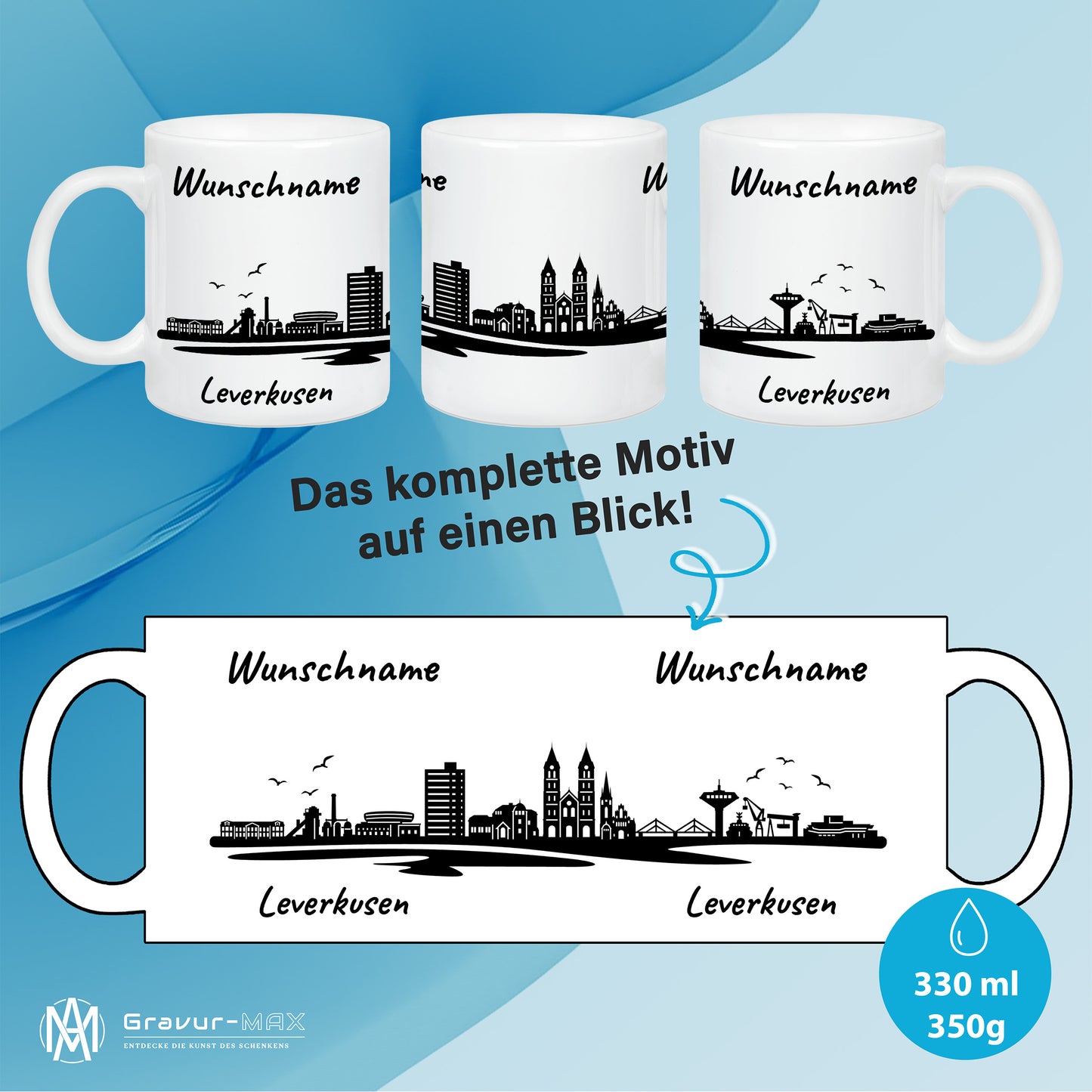 Tasse in Weiß 330ml bedruckt mit der Skyline von Leverkusen personalisierbar mit Wunschname