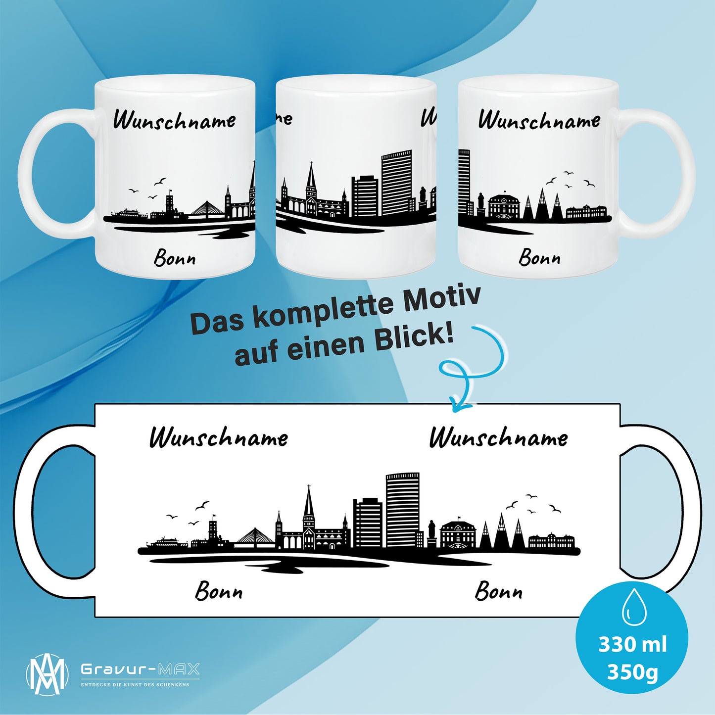 Tasse in Weiß 330ml bedruckt mit der Skyline von Bonn personalisierbar mit Wunschname