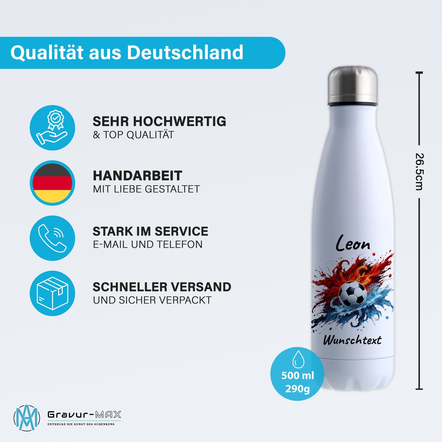 Thermoflasche 500ml in Weiß aus Edelstahl bedruckt "Fußball" Motiv12 personalisierbar mit Wunschname & Text