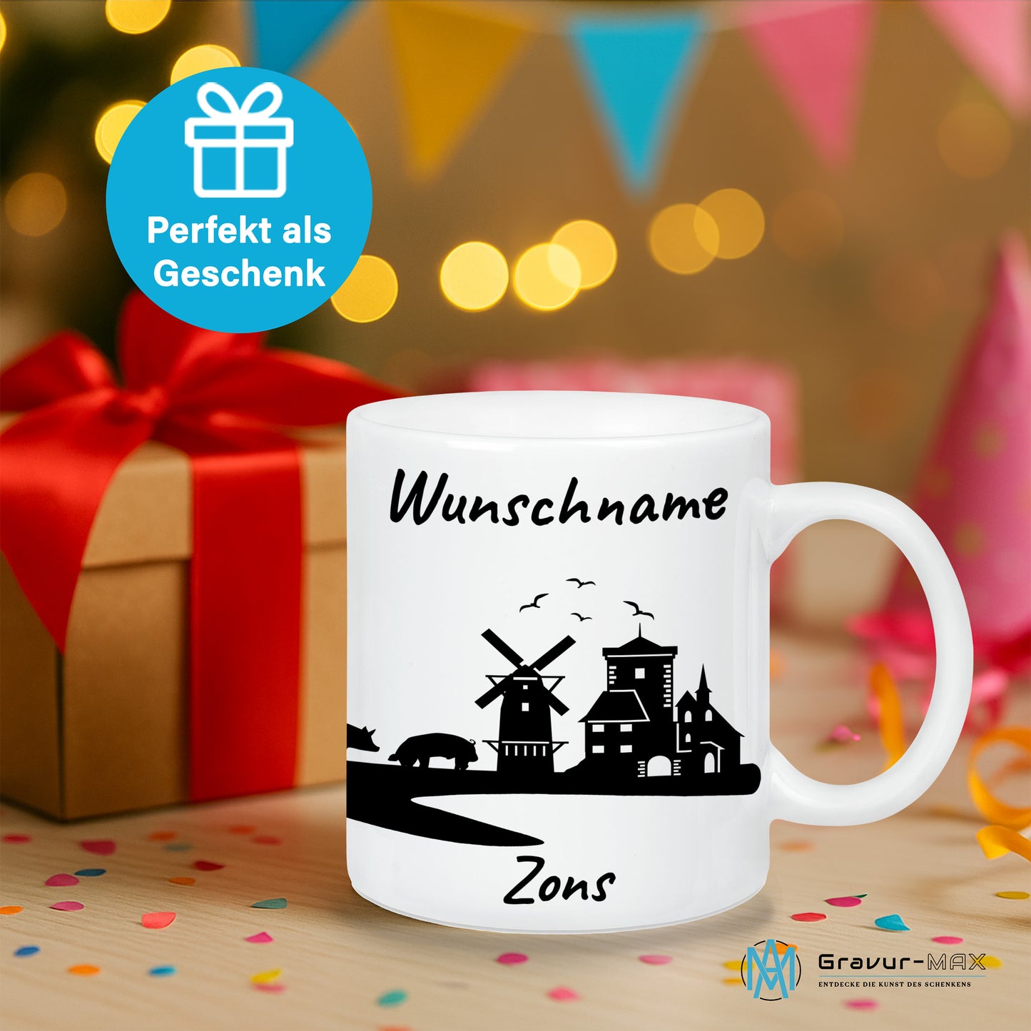 Tasse in Weiß 330ml bedruckt mit der Skyline von Zons (Dormagen) personalisierbar mit Wunschname