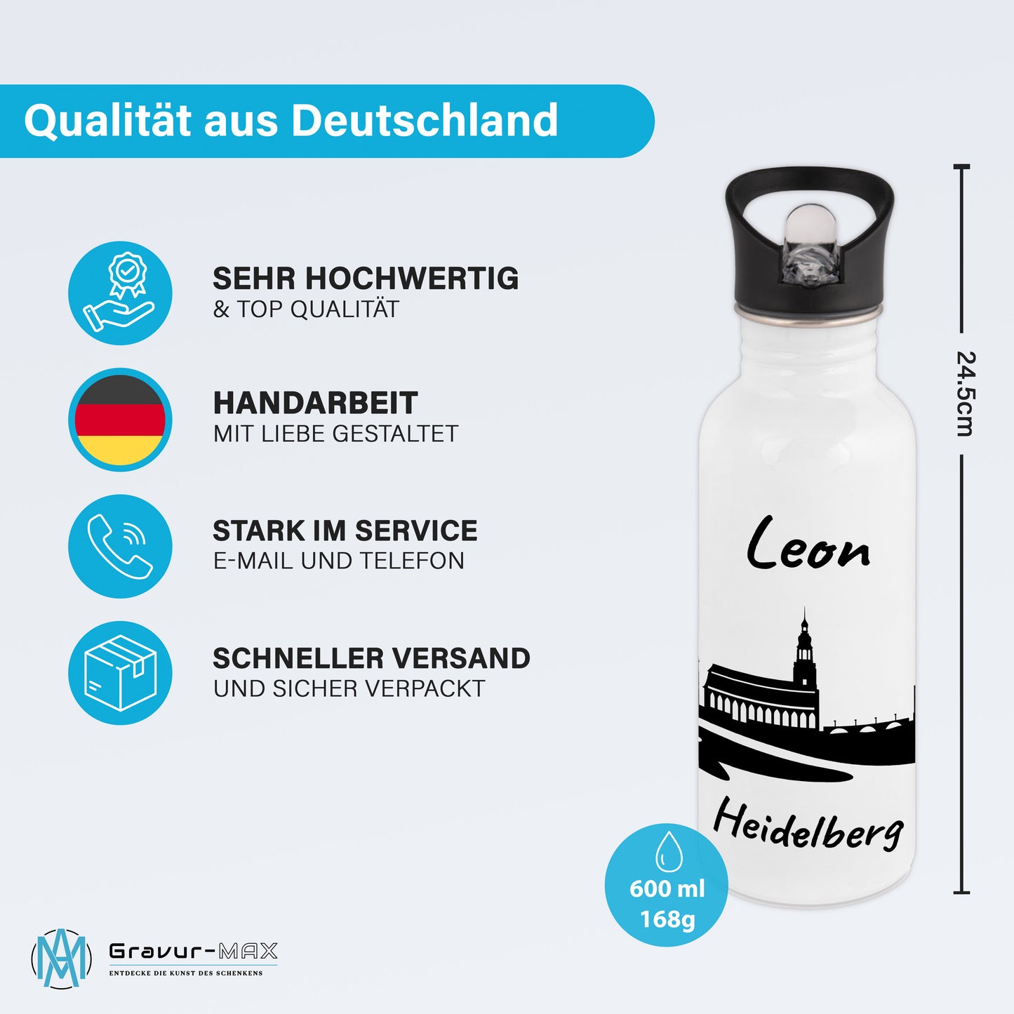 Trinkflasche in Weiß 600ml aus Edelstahl bedruckt mit der Skyline von Heidelberg personalisierbar mit Wunschname
