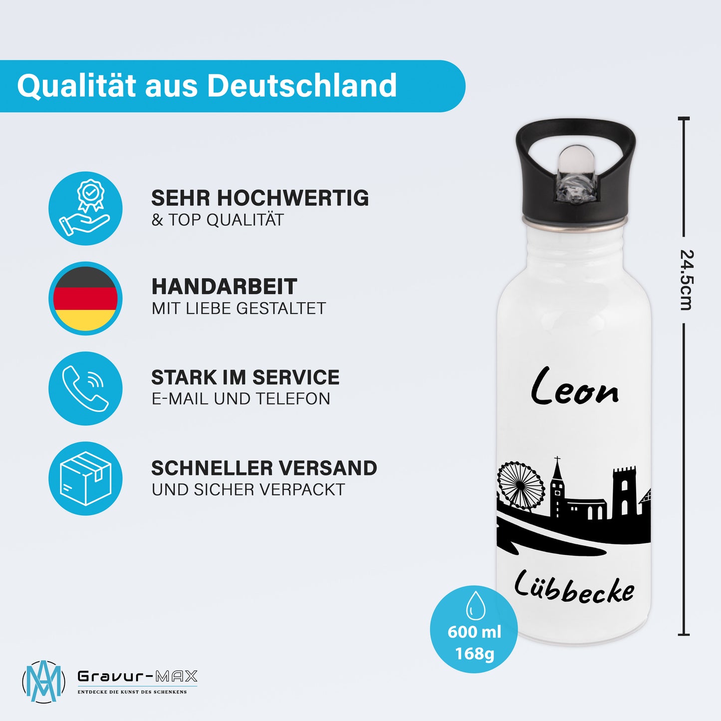 Trinkflasche in Weiß 600ml aus Edelstahl bedruckt mit der Skyline von Lübbecke personalisierbar mit Wunschname