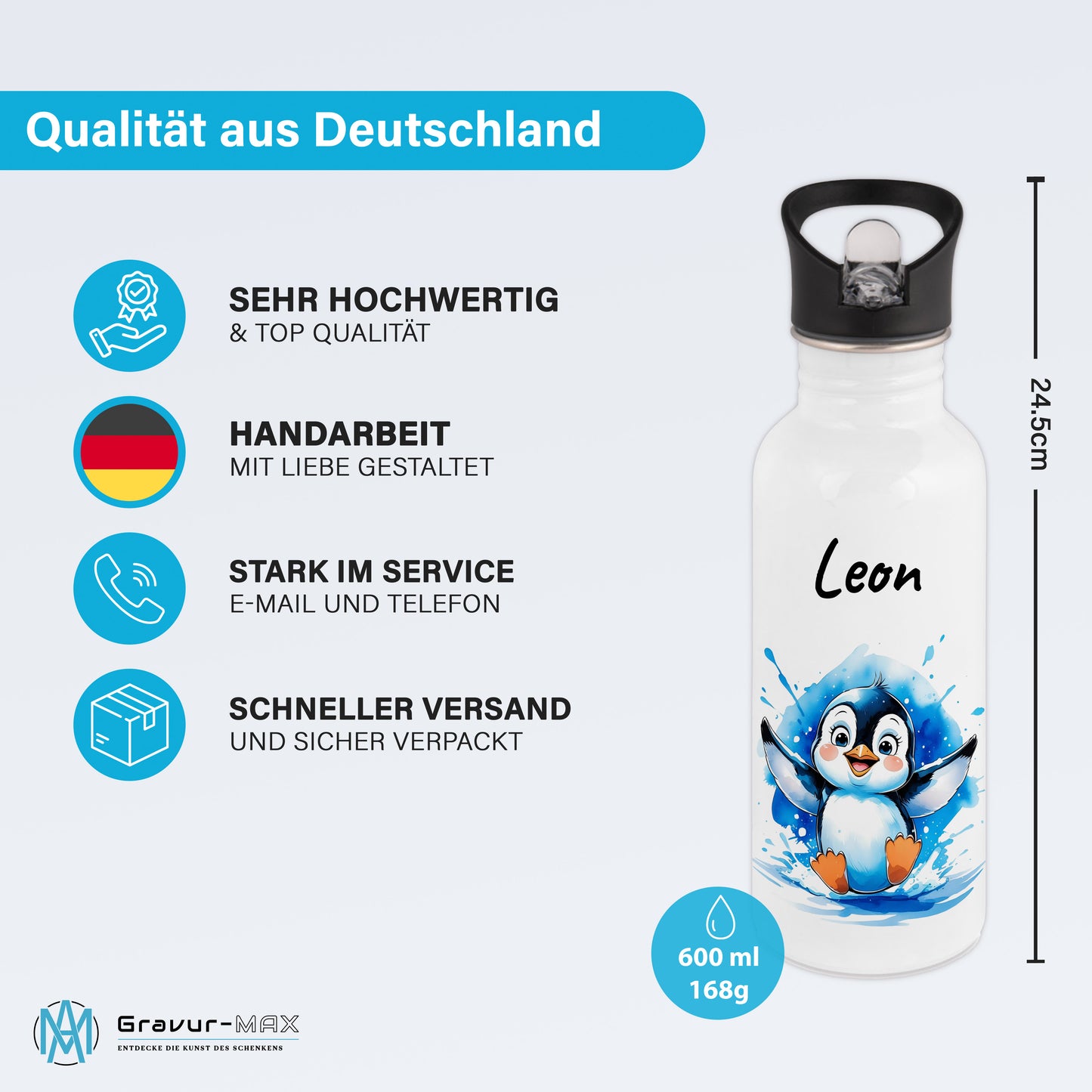 Trinkflasche mit Strohhalm in Weiß 600ml bedruckt mit niedlichen Tieren"Pinguin" personalisierbar für Kinder mit Wunschname aus Edelstahl