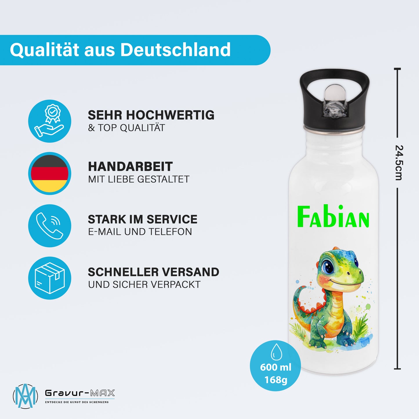 Trinkflasche mit Strohhalm in Weiß 600ml bedruckt mit tollen Motiven für Kinder "Dino Kinder" personalisierbar für Kinder mit Wunschname aus Edelstahl