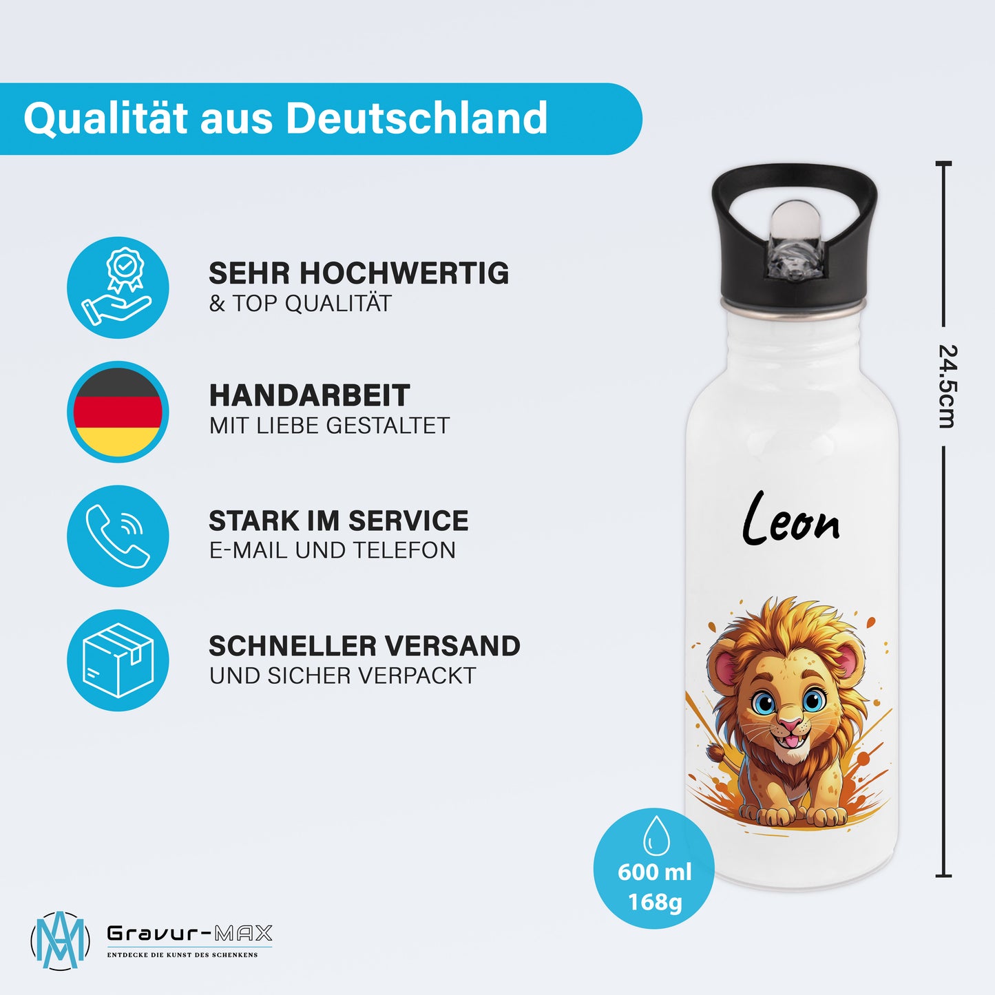 Trinkflasche mit Strohhalm in Weiß 600ml bedruckt mit niedlichen Tieren"Löwe" personalisierbar für Kinder mit Wunschname aus Edelstahl