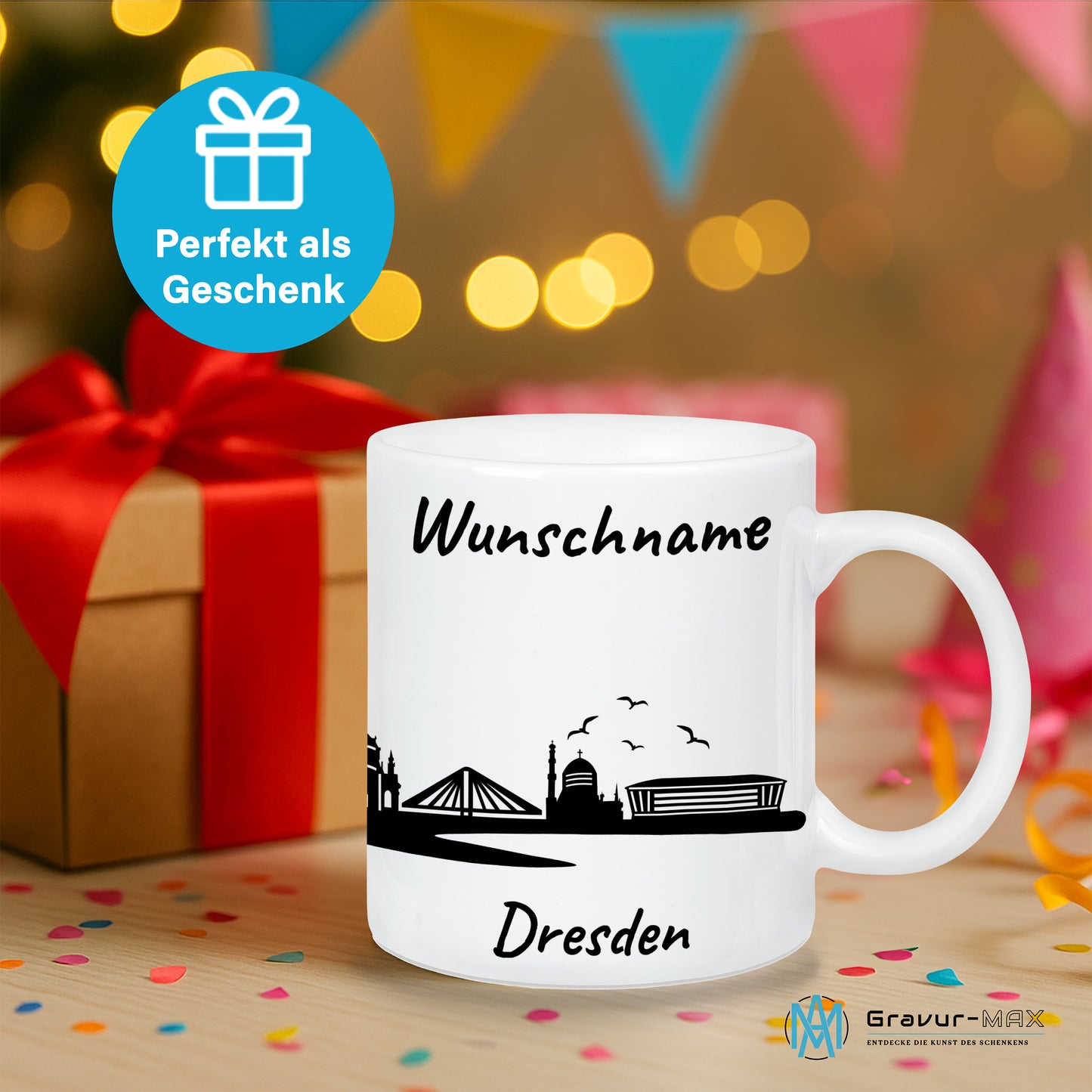 Tasse in Weiß 330ml bedruckt mit der Skyline von Dresden personalisierbar mit Wunschname