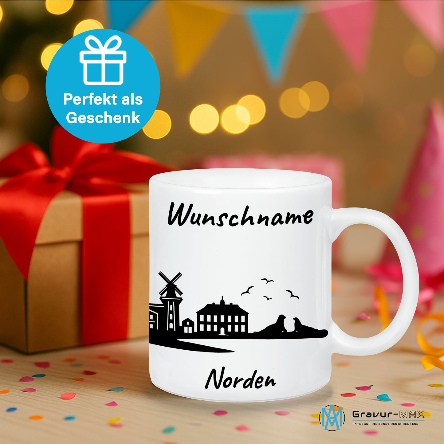 Tasse in Weiß 330ml bedruckt mit der Skyline von Norden personalisierbar mit Wunschname
