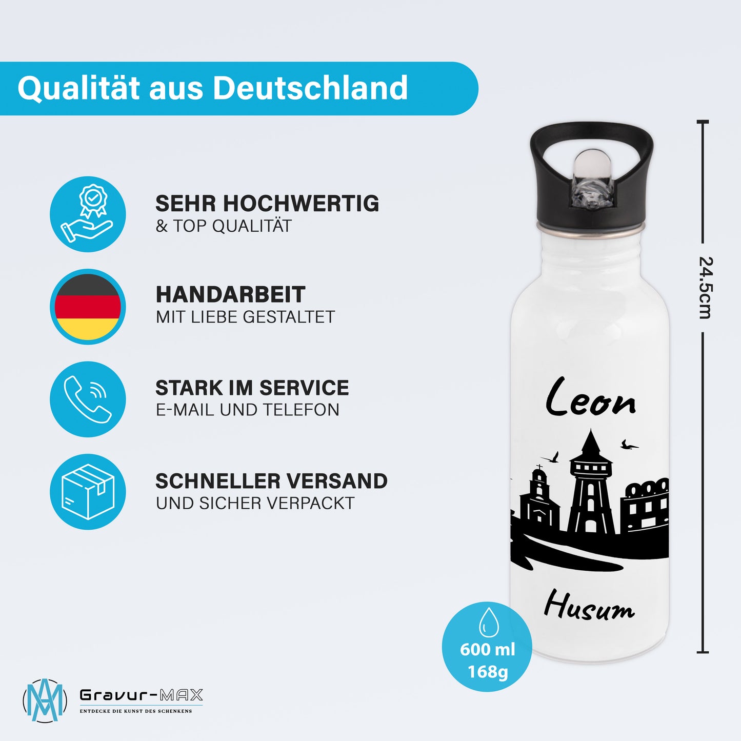 Trinkflasche in Weiß 600ml aus Edelstahl bedruckt mit der Skyline von Husum personalisierbar mit Wunschname