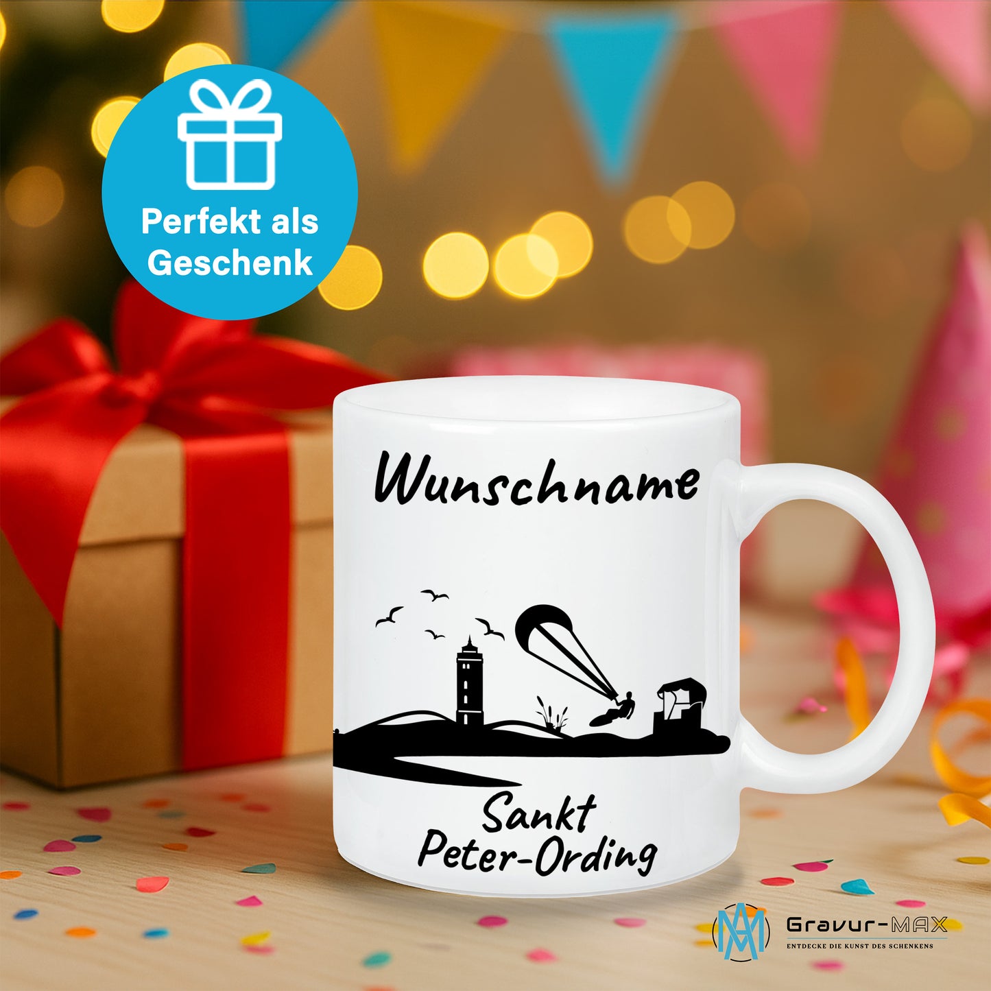 Tasse in Weiß 330ml bedruckt mit der Skyline von Sankt Peter-Ording personalisierbar mit Wunschname
