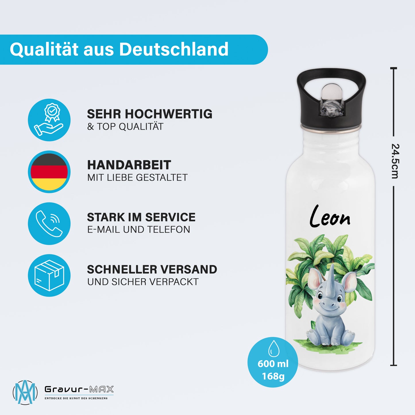 Trinkflasche mit Strohhalm in Weiß 600ml bedruckt mit Dschungel Tieren"Nashorn" personalisierbar für Kinder mit Wunschname aus Edelstahl