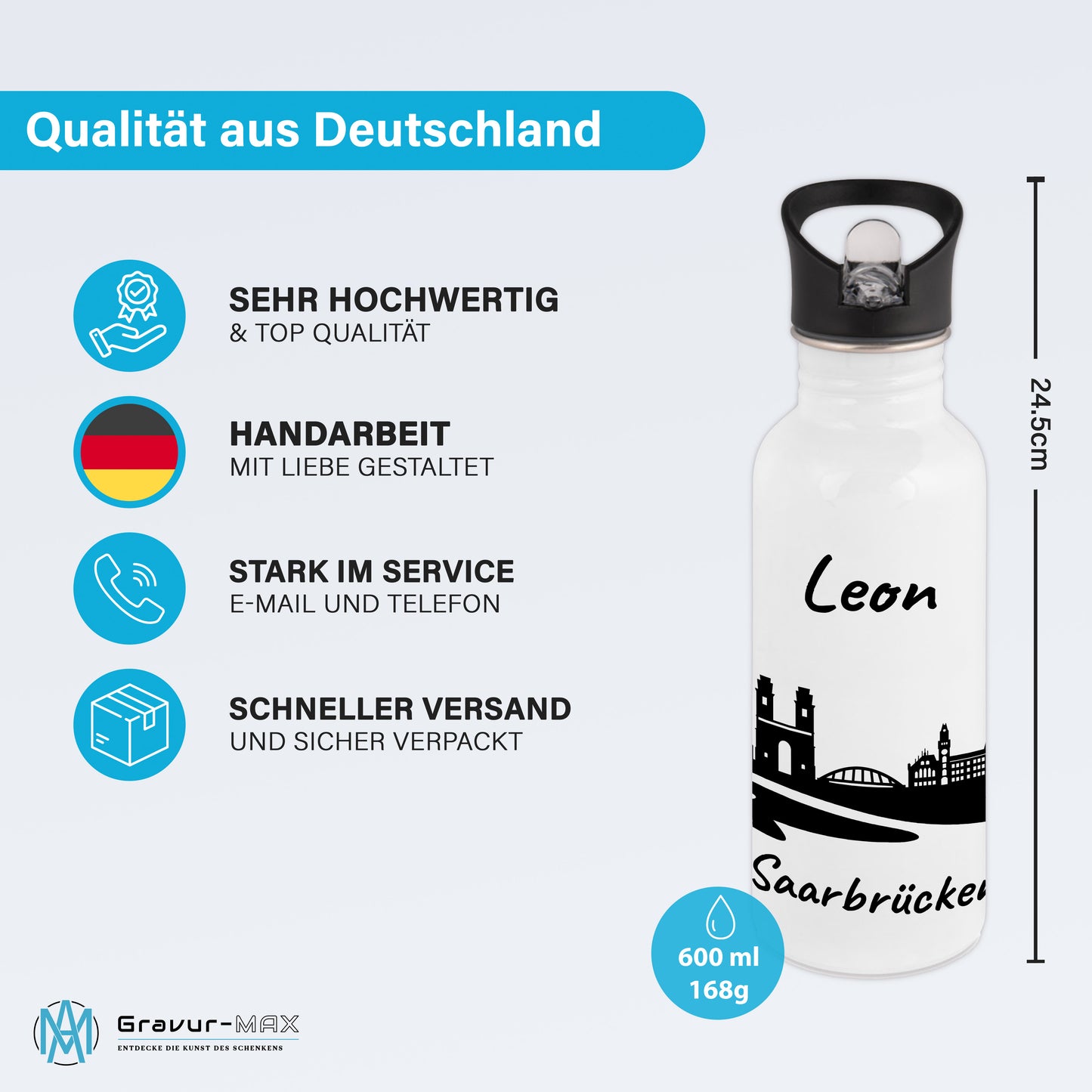 Trinkflasche in Weiß 600ml aus Edelstahl bedruckt mit der Skyline von Saarbrücken personalisierbar mit Wunschname