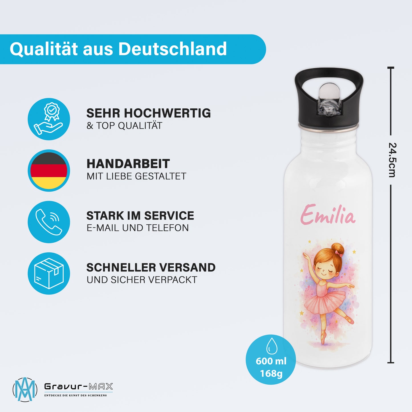 Trinkflasche mit Strohhalm in Weiß 600ml bedruckt mit tollen Motiven für Kinder "Ballerina" personalisierbar für Kinder mit Wunschname aus Edelstahl