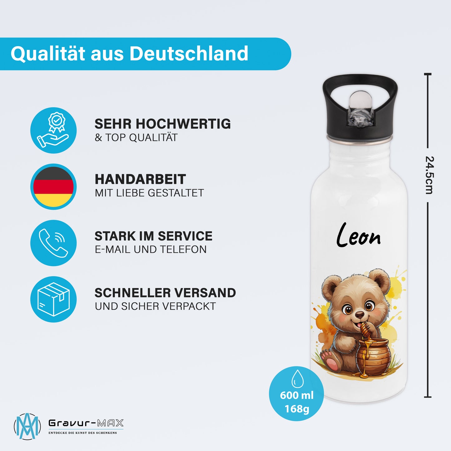 Trinkflasche mit Strohhalm in Weiß 600ml bedruckt mit niedlichen Tieren"Bär" personalisierbar für Kinder mit Wunschname aus Edelstahl