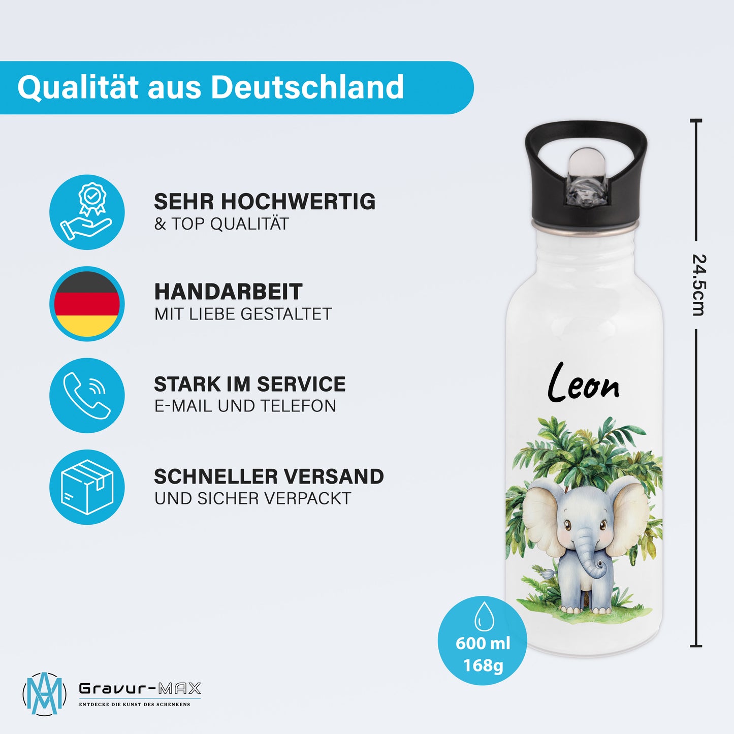 Trinkflasche mit Strohhalm in Weiß 600ml bedruckt mit Dschungel Tieren"Elefant" personalisierbar für Kinder mit Wunschname aus Edelstahl