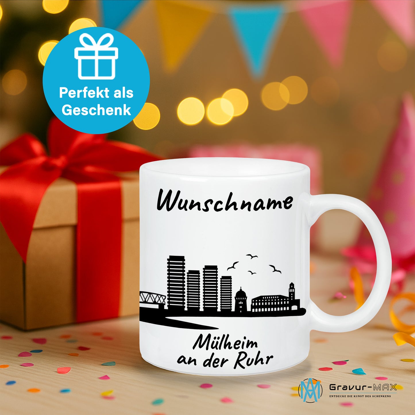 Tasse in Weiß 330ml bedruckt mit der Skyline von Mülheim an der Ruhr personalisierbar mit Wunschname