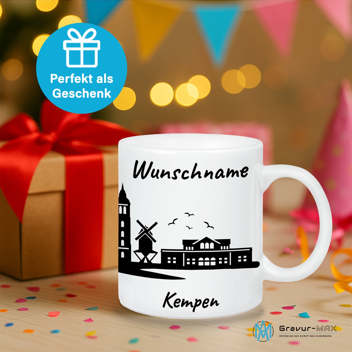 Tasse in Weiß 330ml bedruckt mit der Skyline von Kempen personalisierbar mit Wunschname