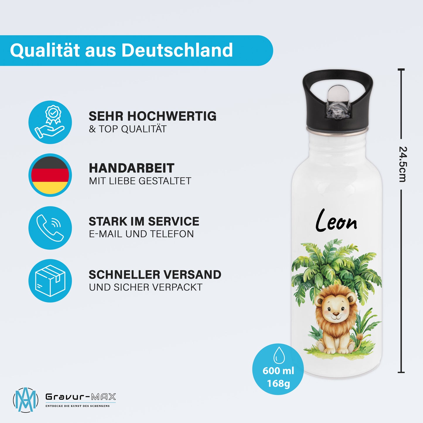 Trinkflasche mit Strohhalm in Weiß 600ml bedruckt mit Dschungel Tieren"Löwe" personalisierbar für Kinder mit Wunschname aus Edelstahl