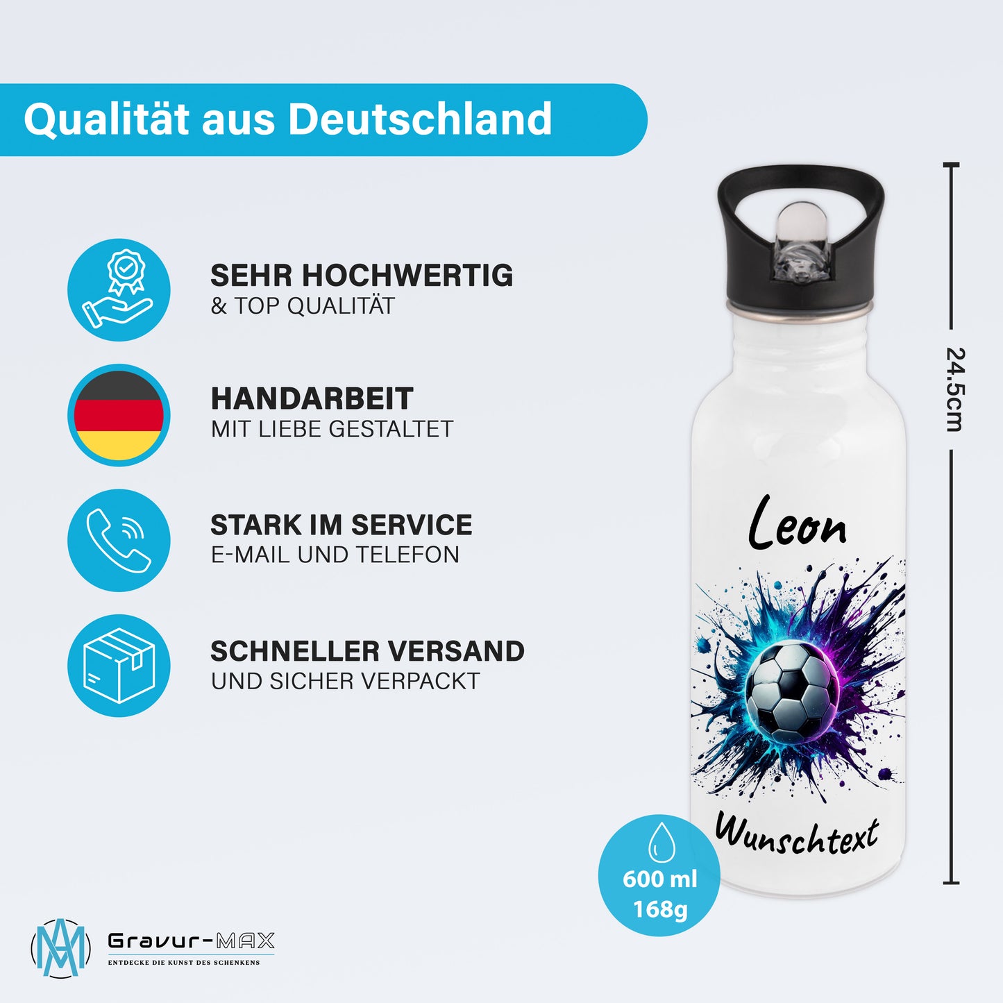 Trinkflasche mit Strohhalm in Weiß 600ml bedruckt mit Fußball Motiven"Motiv10" personalisierbar für Kinder mit Wunschname aus Edelstahl