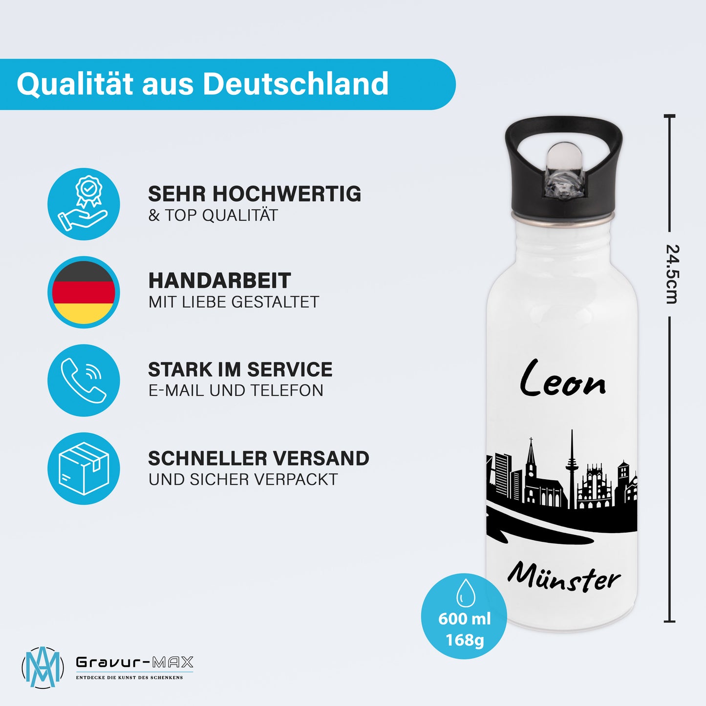 Trinkflasche in Weiß 600ml aus Edelstahl bedruckt mit der Skyline von München personalisierbar mit Wunschname