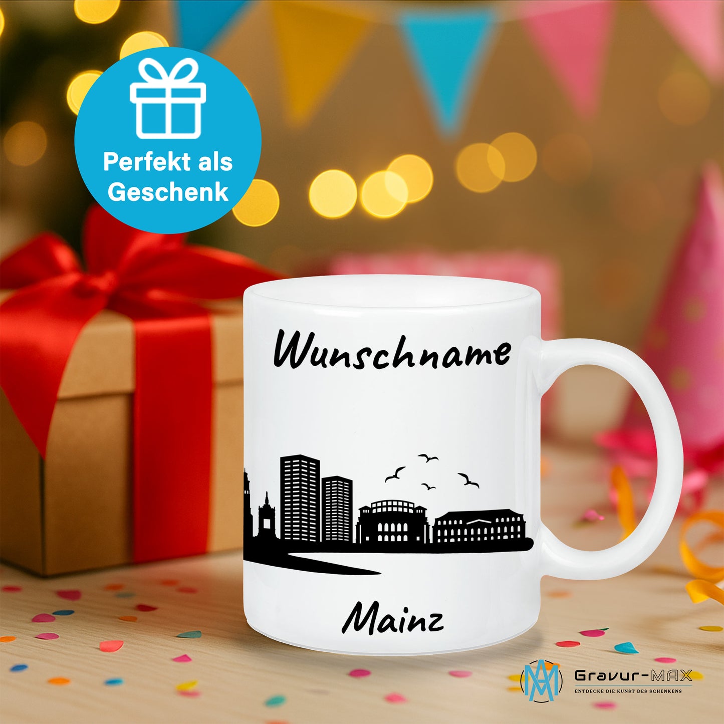 Tasse in Weiß 330ml bedruckt mit der Skyline von Mainz personalisierbar mit Wunschname
