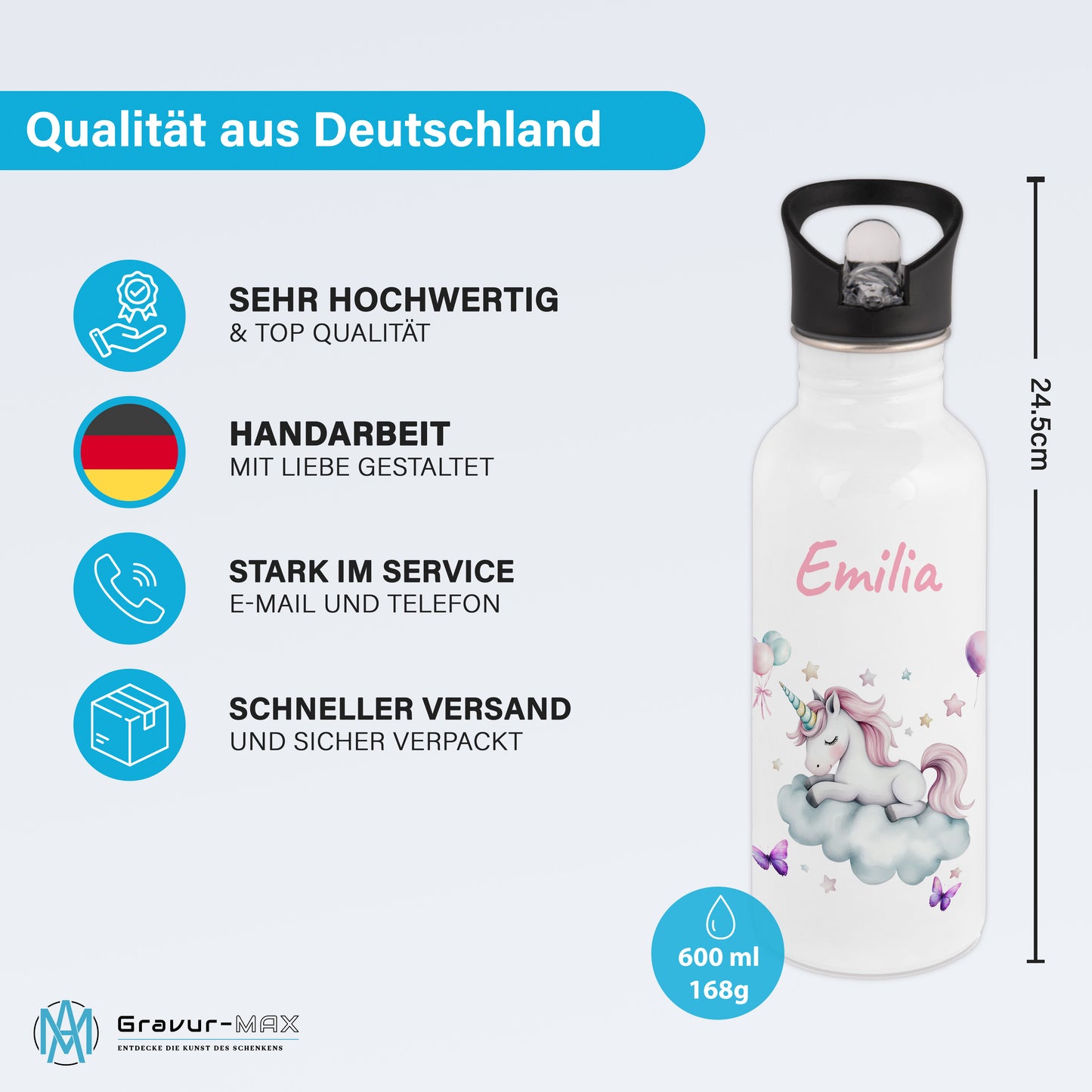 Trinkflasche mit Strohhalm in Weiß 600ml bedruckt mit tollen Motiven für Kinder "Einhorn Wolke" personalisierbar für Kinder mit Wunschname aus Edelstahl