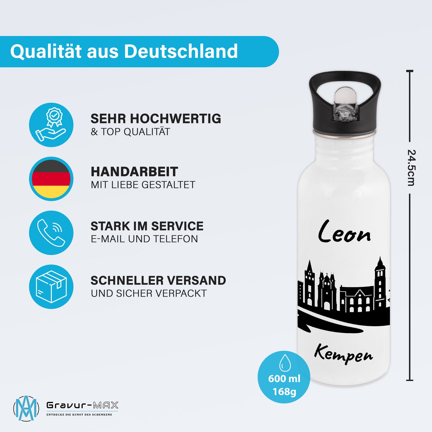 Trinkflasche in Weiß 600ml aus Edelstahl bedruckt mit der Skyline von Kempen personalisierbar mit Wunschname