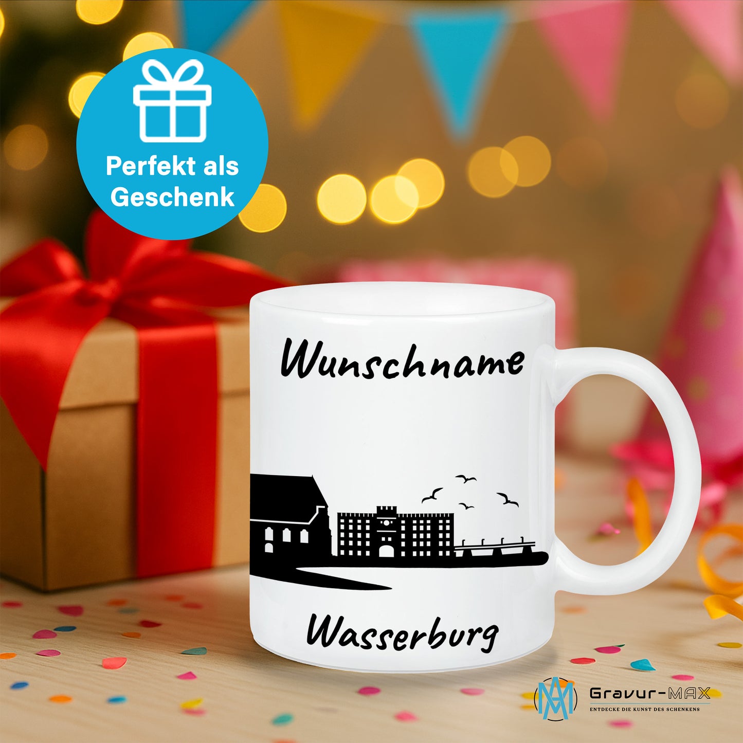 Tasse in Weiß 330ml bedruckt mit der Skyline von Wasserburg personalisierbar mit Wunschname