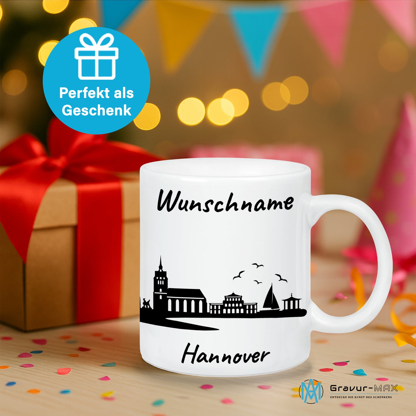 Tasse in Weiß 330ml bedruckt mit der Skyline von Hannover personalisierbar mit Wunschname