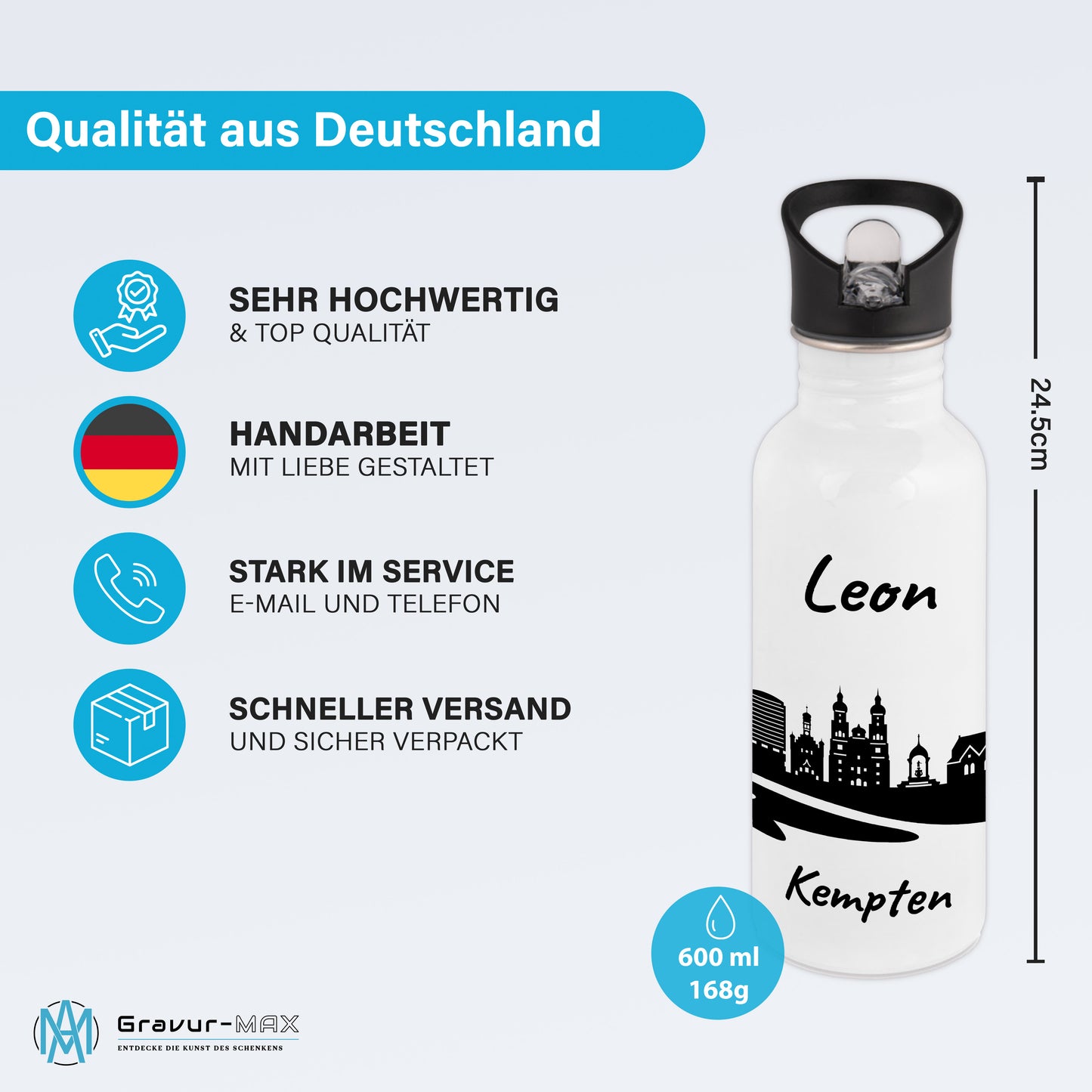 Trinkflasche in Weiß 600ml aus Edelstahl bedruckt mit der Skyline von Kempten personalisierbar mit Wunschname