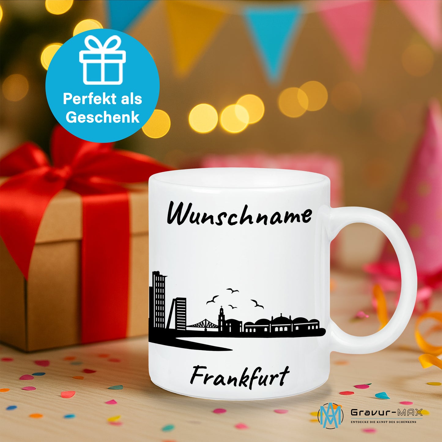 Tasse in Weiß 330ml bedruckt mit der Skyline von Frankfurt personalisierbar mit Wunschname