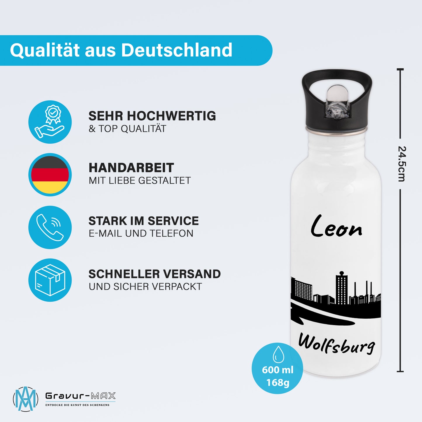 Trinkflasche in Weiß 600ml aus Edelstahl bedruckt mit der Skyline von Wolfsburg personalisierbar mit Wunschname