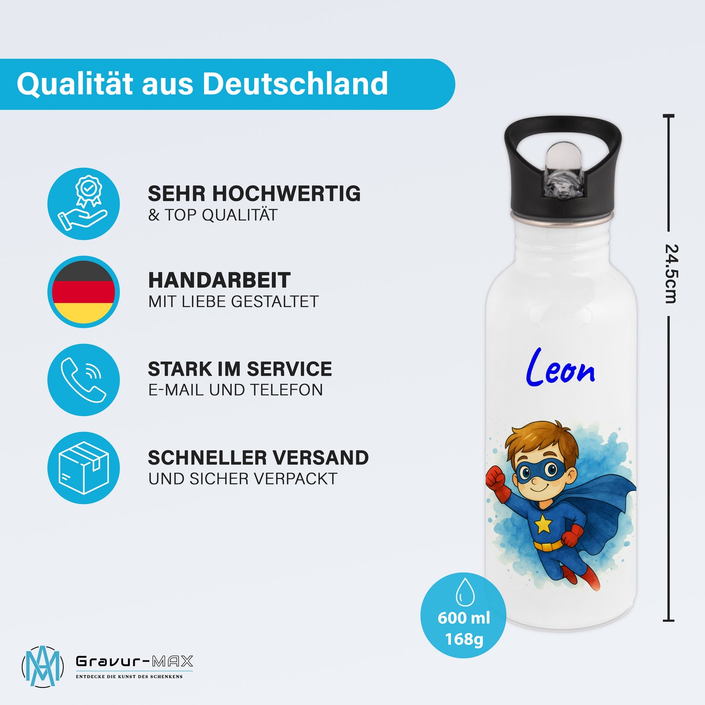 Trinkflasche mit Strohhalm in Weiß 600ml bedruckt mit tollen Motiven für Kinder "Superheld" personalisierbar für Kinder mit Wunschname aus Edelstahl