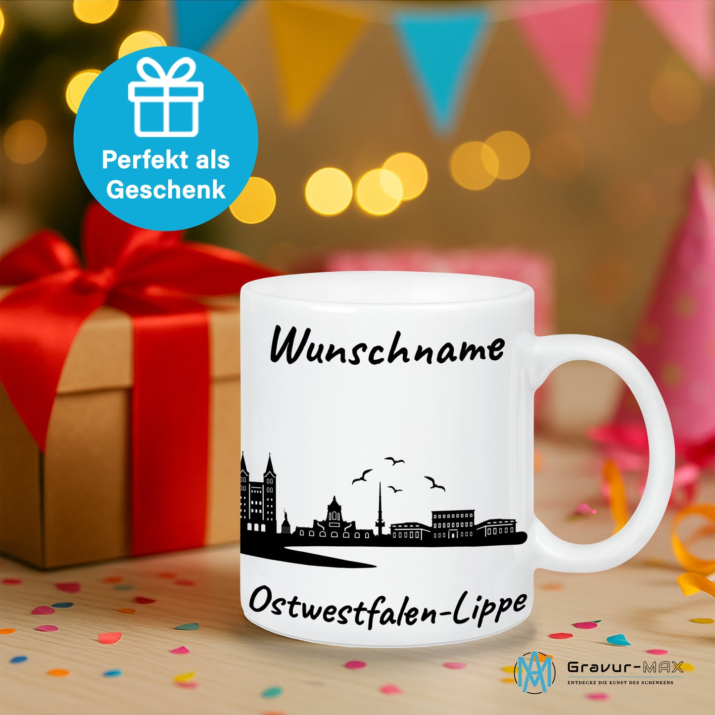 Tasse in Weiß 330ml bedruckt mit der Skyline von Ostwestfalen-Lippe personalisierbar mit Wunschname