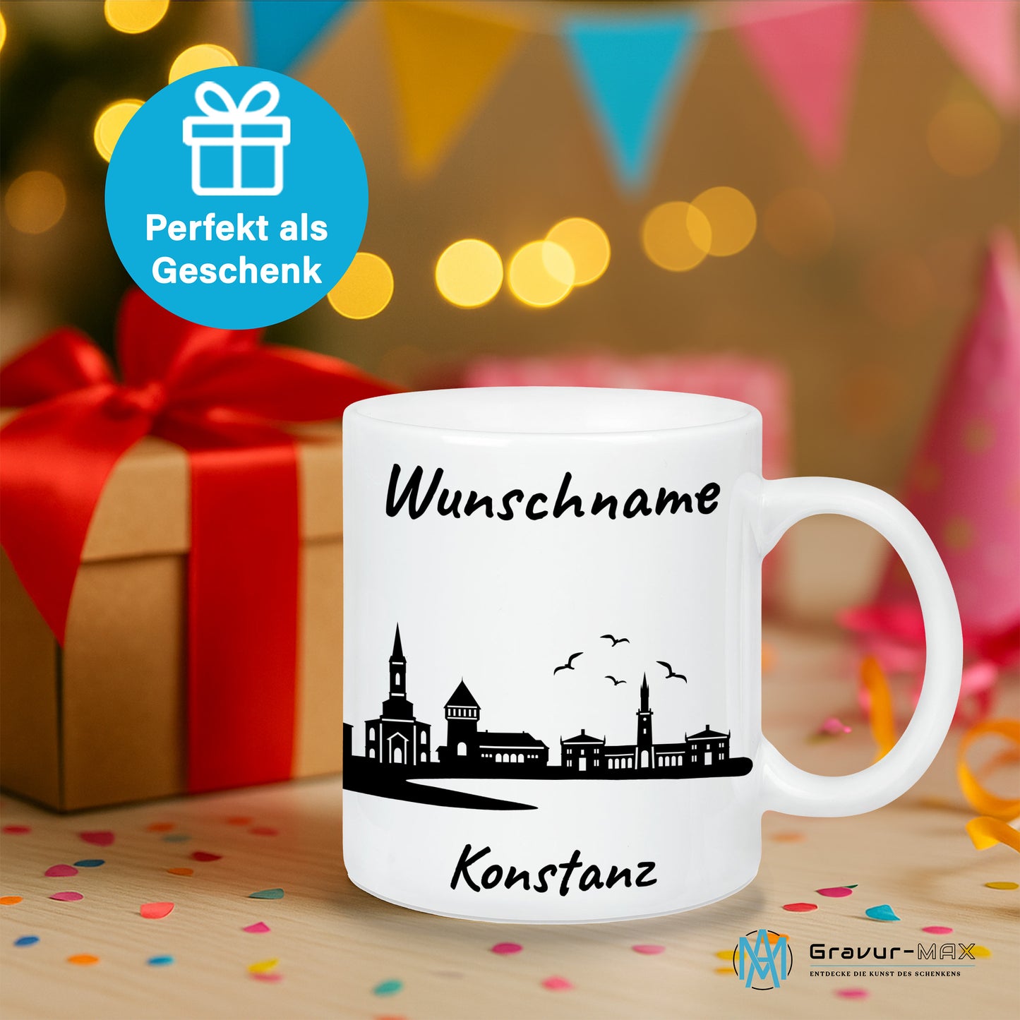 Tasse in Weiß 330ml bedruckt mit der Skyline von Konstanz personalisierbar mit Wunschname