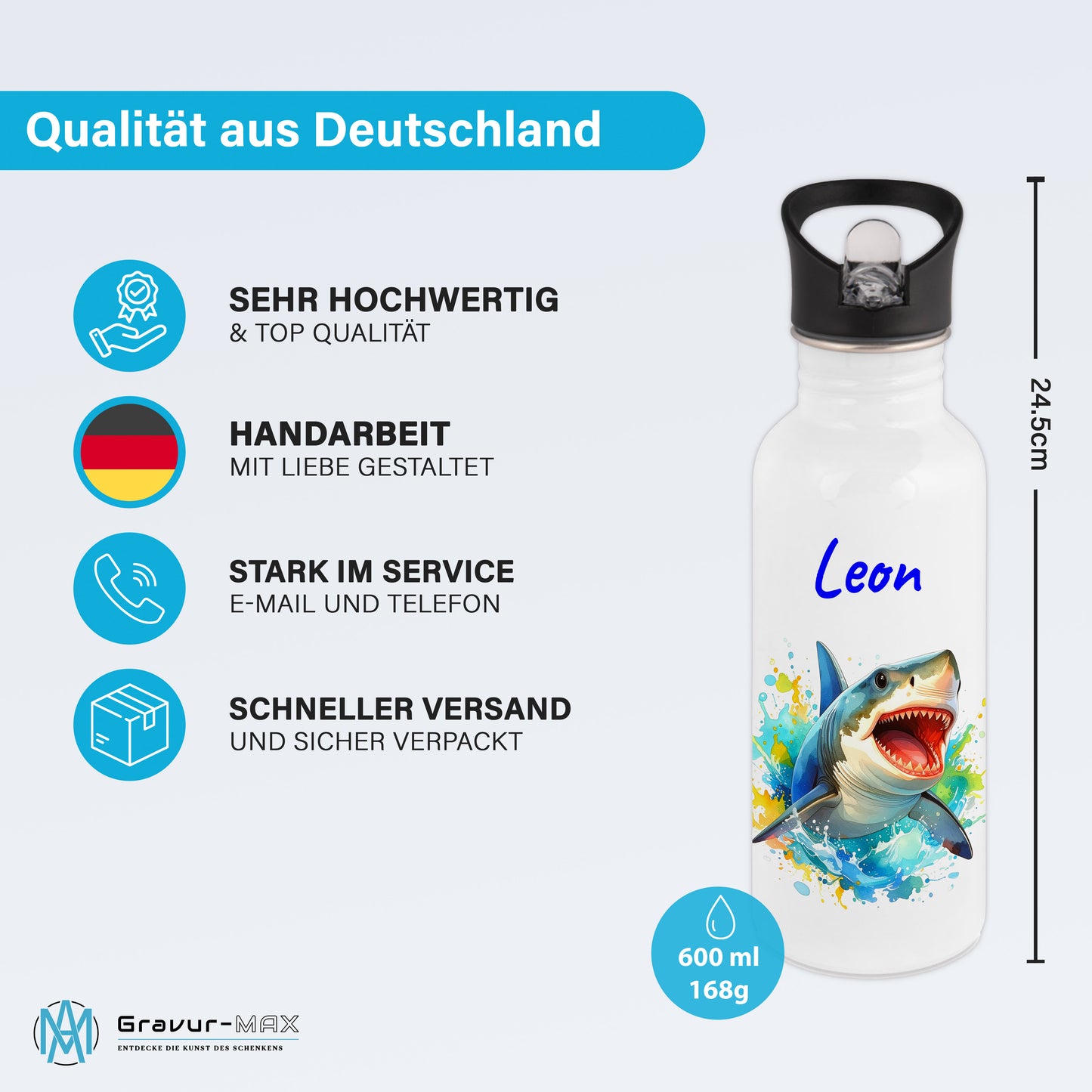 Trinkflasche mit Strohhalm in Weiß 600ml bedruckt mit tollen Motiven für Kinder "Hai" personalisierbar für Kinder mit Wunschname aus Edelstahl