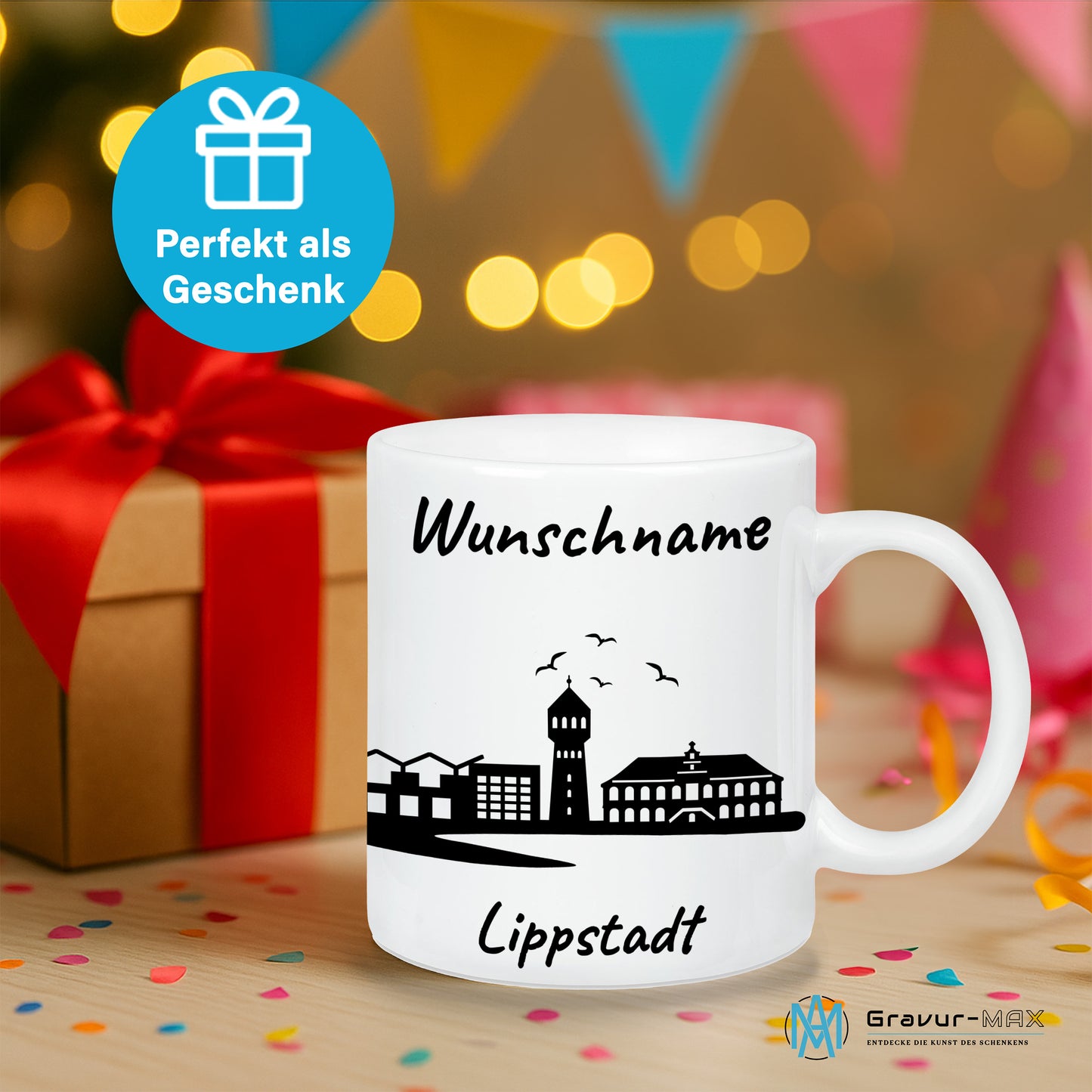Tasse in Weiß 330ml bedruckt mit der Skyline von Lippstadt personalisierbar mit Wunschname