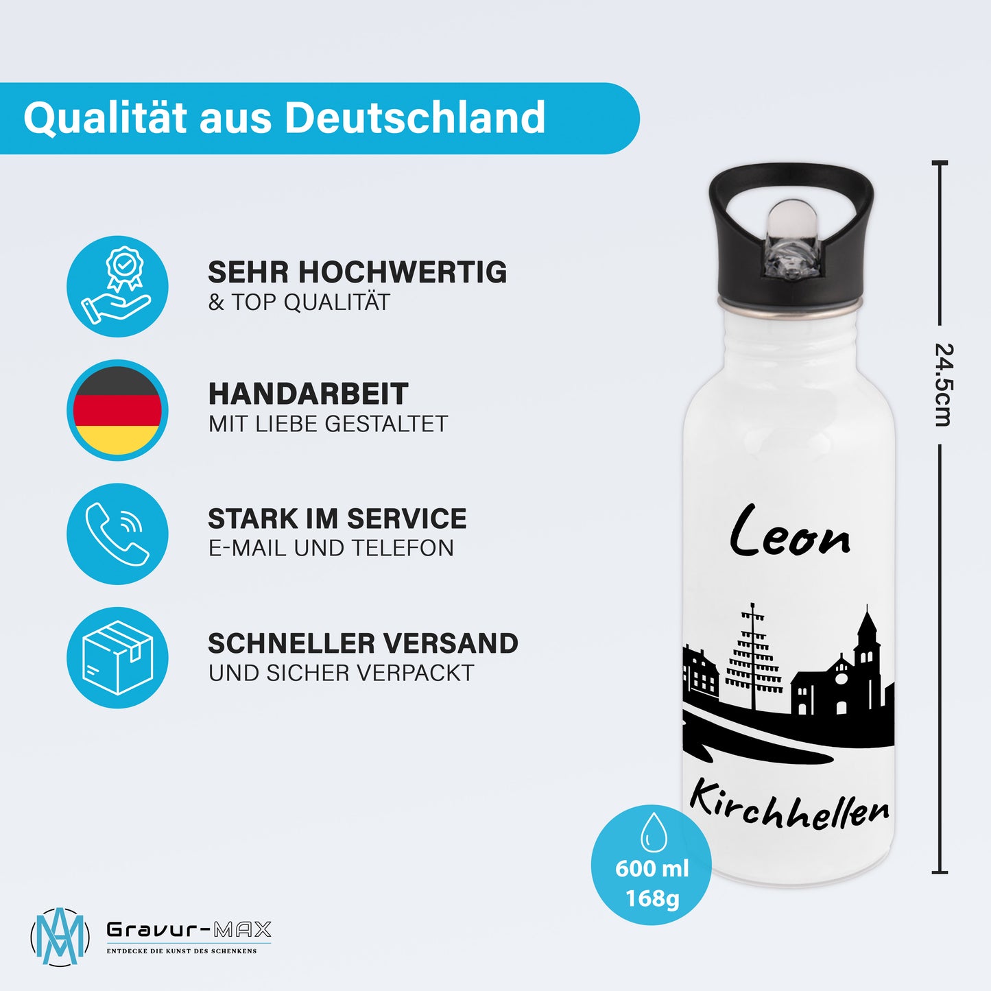Trinkflasche in Weiß 600ml aus Edelstahl bedruckt mit der Skyline von Kirchhellen personalisierbar mit Wunschname