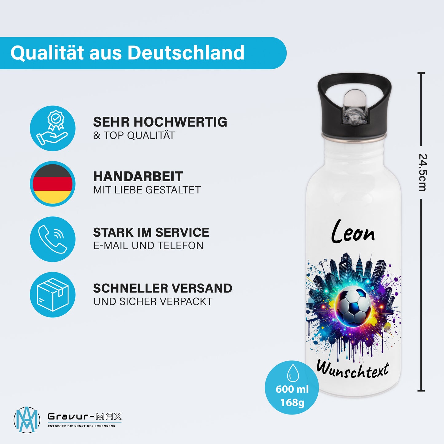 Trinkflasche mit Strohhalm in Weiß 600ml bedruckt mit Fußball Motiven"Motiv7" personalisierbar für Kinder mit Wunschname aus Edelstahl