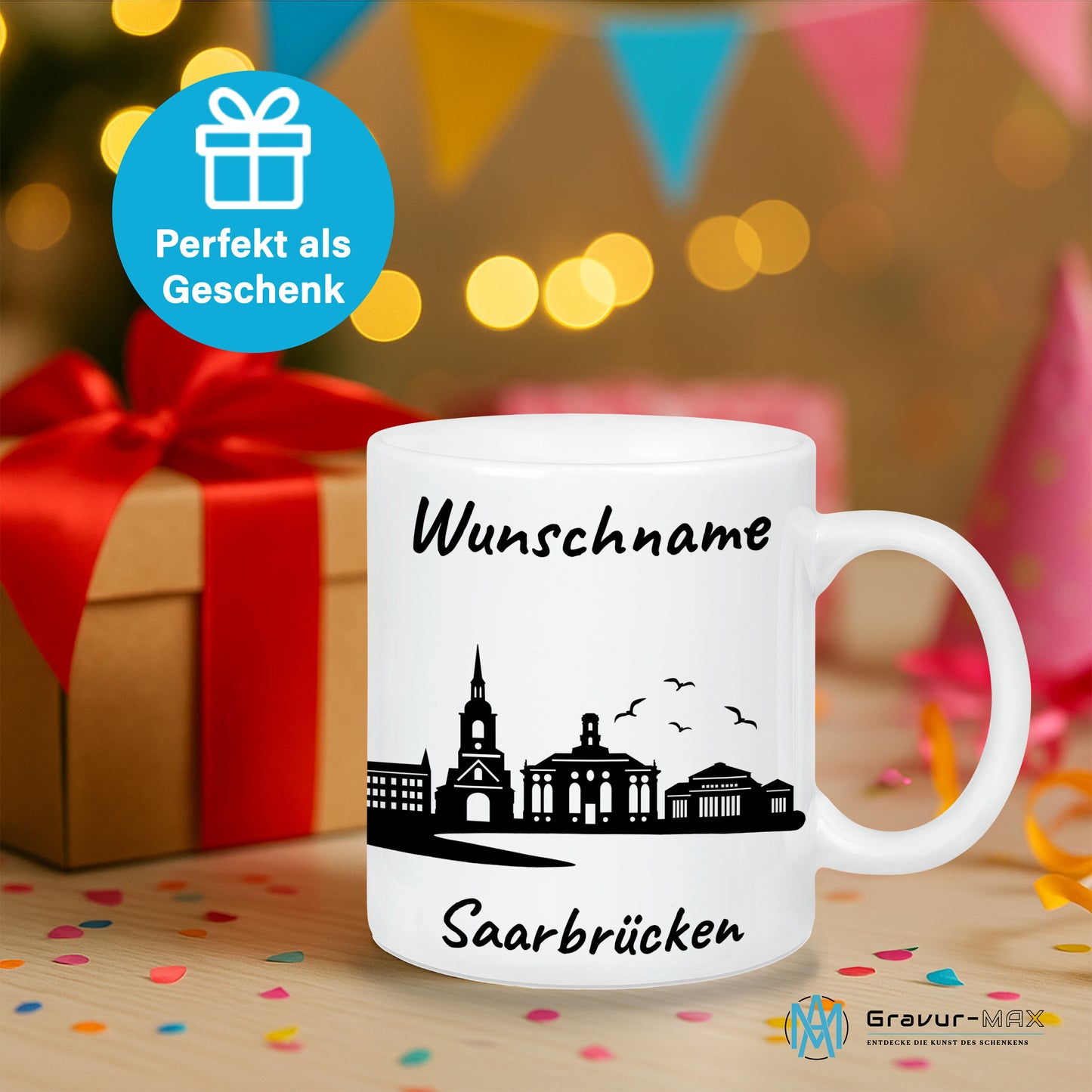 Tasse in Weiß 330ml bedruckt mit der Skyline von Saarbrücken personalisierbar mit Wunschname