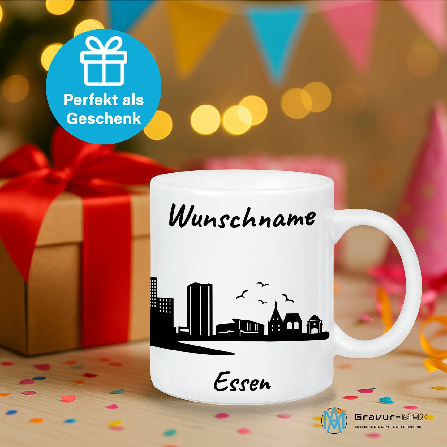 Tasse in Weiß 330ml bedruckt mit der Skyline von Essen personalisierbar mit Wunschname